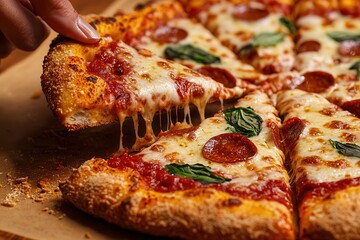 Food and Drink, Plant-Based Cuisine Delicious pepperoni pizza with melted cheese and fresh basil.