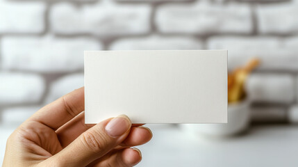 A close-up photograph of an empty white business card, held in a hand against a blurred background with some food items in the background