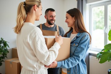 Obraz premium Friendly Encounter: A Woman Receiving a Package from Two Helpers in a Cozy Indoor Setting with Moving Boxes and Plants Around