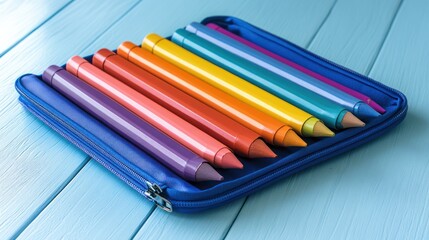 Fototapeta premium Colorful pencils in a blue case on a wooden surface.