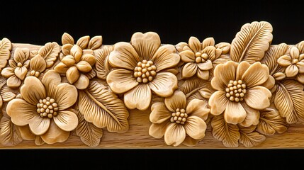 Intricate floral carving, beige, dark background, design element