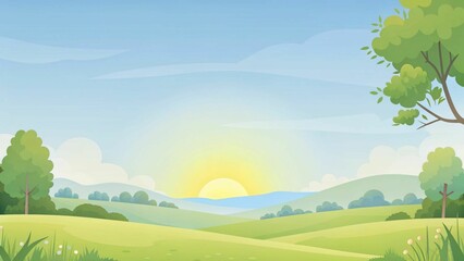 Obraz premium Vector illustration of a sunrise over a beautiful rural landsapce with trees, bushes, hills and green meadows. Illustration with space for text.