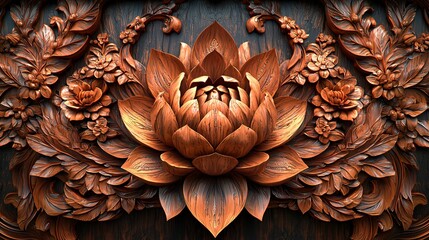 Intricate Wood Carving of a Lotus Flower Centerpiece with Elaborate Floral Details and Natural Texture.