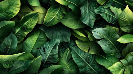 Lush Green Tropical Leaves Arrangement Beautiful Botanical Background Vibrant Forest Foliage Abundance.