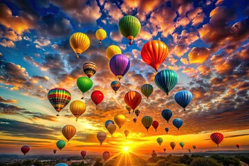 Obraz premium Sunset Balloon Photography: Colorful Hot Air Balloons Soaring at Golden Hour