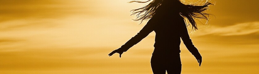 Naklejka premium Woman Silhouette Sunset Jump Freedom Happiness