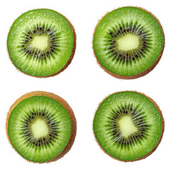 Fototapeta premium Four kiwi cross sections in bright green. Clean white background with a neat grid layout. Freshness and healthy energy. Ideal for food blogs, packaging mockups, menus, and wellness ads.