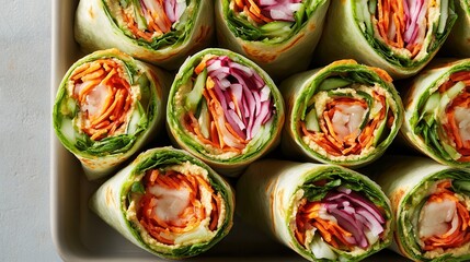 Food and Drink, Plant-Based Cuisine Fresh vegetable spring rolls arranged neatly in a dish.