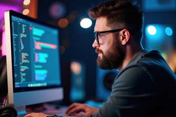 Focused Male Programmer Working Late on an Innovative Software Project in a Dynamic, Colorful Coding Environment with Modern Technology