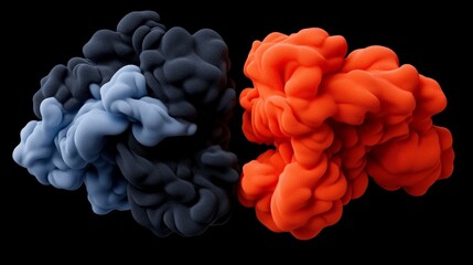 Abstract Ink Swirls: Dynamic interplay of dark gray, light blue, and vibrant orange ink clouds against a pure black backdrop, creating a visually striking and abstract composition.