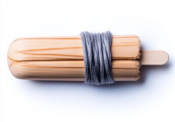 Wooden Object Wrapped in Gray String on White Background