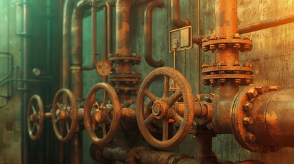 close up of rusty oil pipelines and valves showcasing industrial design. intricate details highlight aged metal and mechanical components