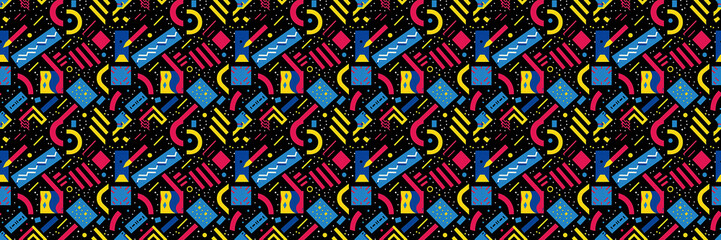 Seamless pattern with geometric shapes in the style. Multicolored vintage background with triangles, circles and squares for textile, fabric and Sudanese fabric art.