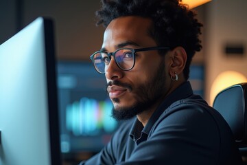 Fototapeta premium Focused Male Professional with Glasses and Curly Hair Concentrating on Computer Screen in Modern Office Environment at Night