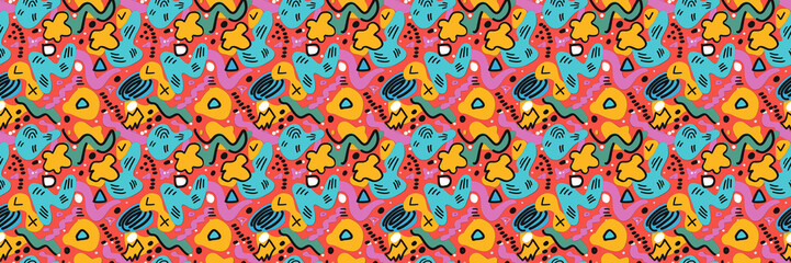 Fototapeta premium Seamless pattern with geometric shapes in the style. Multicolored vintage background with triangles, circles and squares for textile, fabric and Sudanese fabric art.