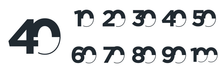 set anniversary 10 to 100 year logo designs. abstract number, icon, vector illustration