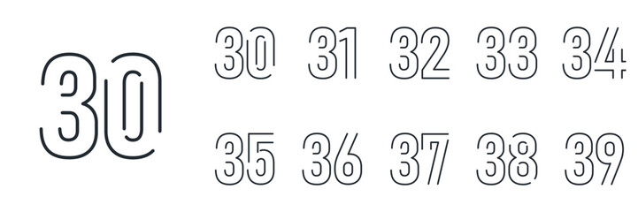  set anniversary 30 to 39 year logo designs. abstract number, icon, vector illustration