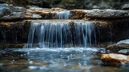 Serene waterfall cascades softly over rocks bathed in cool light. AI Generated