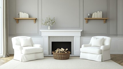 Two white sofas against fireplace and wall mounted shelves