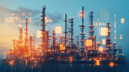 Obraz premium large scale oil refinery at night, illuminated with vibrant lights and digital overlays, showcasing industrial technology and energy production
