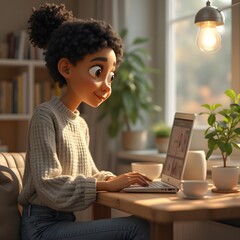 A virtual assistant in the form of an avatar, interacting with its owner in a cozy home environment, offering help with daily tasks