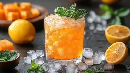 Refreshing Citrus Cocktail with Mint and Ice
