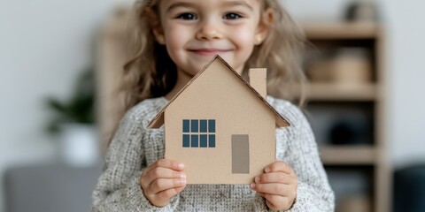 Smiling girl holds a cardboard house, radiating innocence and imaginative creativity in this endearing moment.