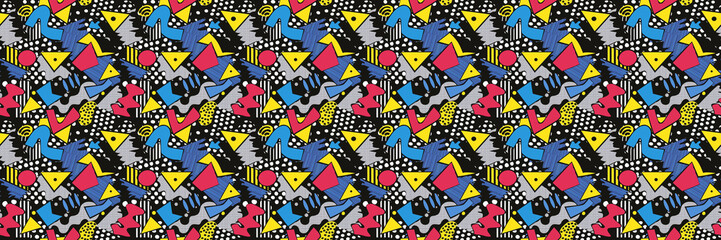 Seamless pattern with geometric shapes in the style. Multicolored vintage background with triangles, circles and squares for textile, fabric and Sudanese fabric art.