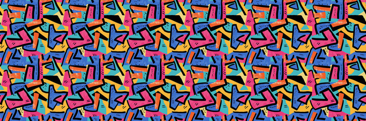 Seamless pattern with geometric shapes in the style. Multicolored vintage background with triangles, circles and squares for textile, fabric and Sudanese fabric art.