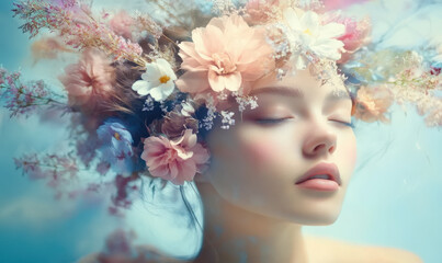 Naklejka premium Advertisement of a beautiful woman wearing a flower wreath