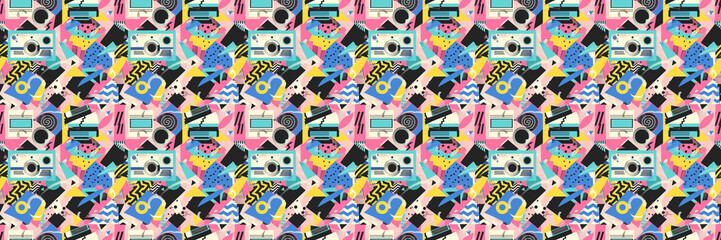 Obraz premium Seamless pattern with geometric shapes in the style. Multicolored vintage background with triangles, circles and squares for textile, fabric and Sudanese fabric art.