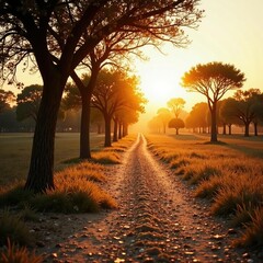 Naklejka premium Muted golden light casts long shadows on the ground, earthy tones, acacia trees