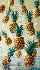 Fresh pineapples splashing into water, a vibrant display of tropical fruit.
