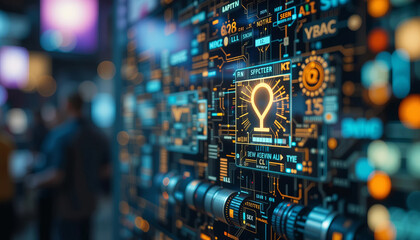 Fototapeta premium Futuristic digital interface with glowing circuits and icons, showcasing technology and innovation