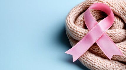 Breast cancer awareness ribbon display light blue pastel background artistic photograph soft textures inspirational message