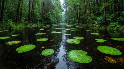 Obraz premium Tranquil forest canal, lily pads, misty morning, nature scene