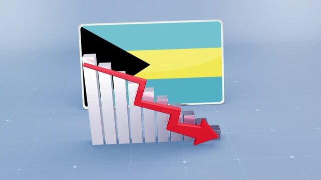 Bahamas country flag and bar chart graph showing decreasing values a red arrow economic crisis concept. Flag of Bahamas