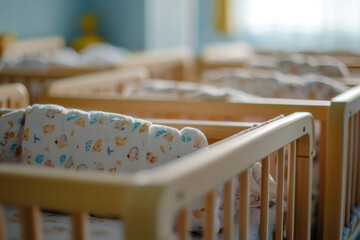 Baby cribs at a maternity ward. Low birth rate and fertility concept
