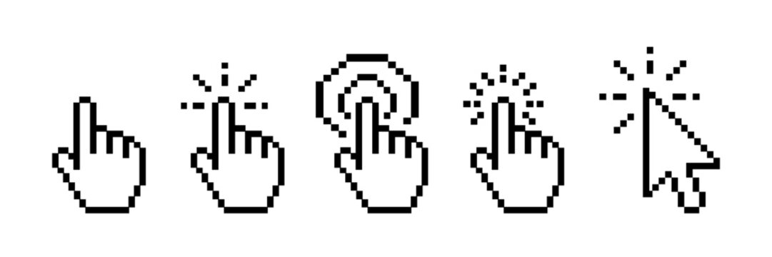 Pixel pointer cursor сomputer mouse icon set. Pixel clicking cursor, pointing hand clicks icons. Pixel Click cursor symbol. Vector Illustration.