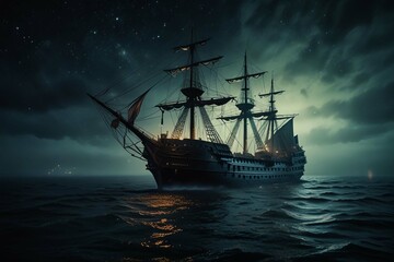 Fototapeta premium Jolly Roger in the sky over the sailing ship