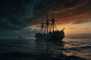 Obraz premium Jolly Roger in the sky over the sailing ship