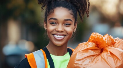 Young Volunteer Smiling While Holding a Filled Trash Bag in a Warm Cinematic Shot, Captured with a High-End Camera during a Community Clean-Up Event