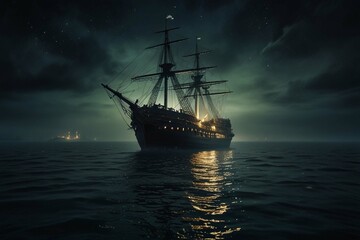 Fototapeta premium Jolly Roger in the sky over the sailing ship