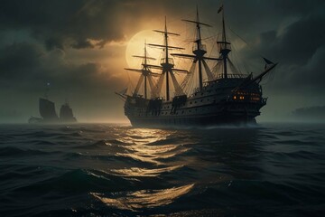 Fototapeta premium Jolly Roger in the sky over the sailing ship