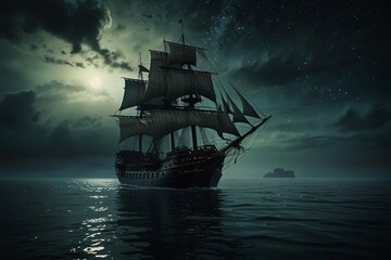 Fototapeta premium Jolly Roger in the sky over the sailing ship