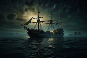 Fototapeta premium Jolly Roger in the sky over the sailing ship