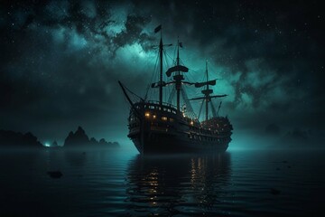 Fototapeta premium Jolly Roger in the sky over the sailing ship