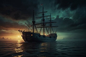 Jolly Roger in the sky over the sailing ship