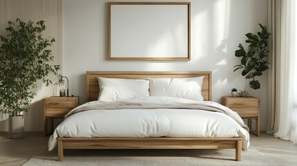 Wooden bed near white wall with empty mock-up poster frame in modern bedroom