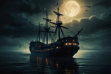 Jolly Roger in the sky over the sailing ship